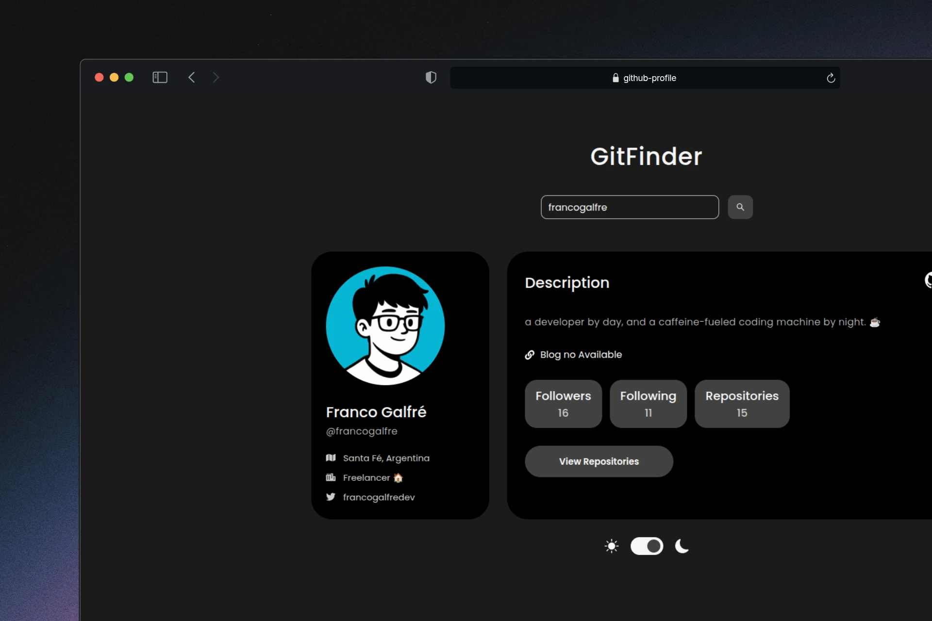 Mockup, Captura de Pantalla del Proyecto Github Profile Explorer